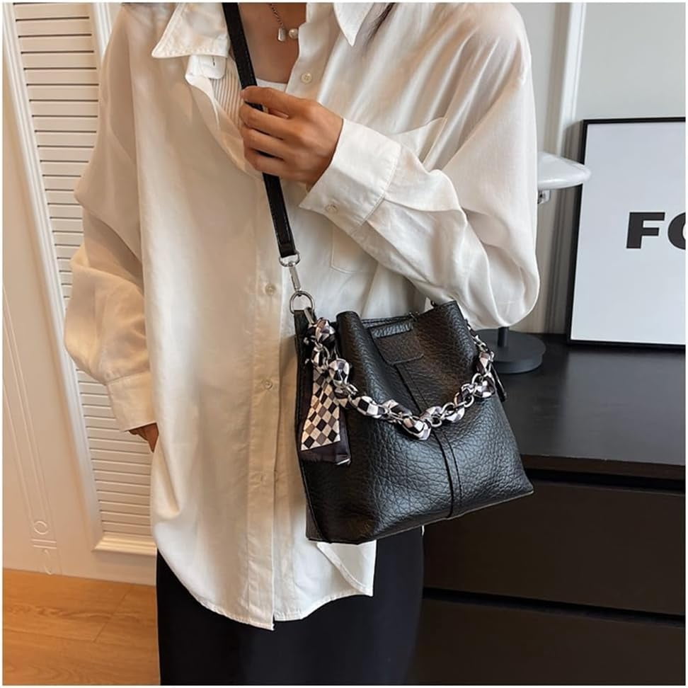 Leather Bucket Bag with Thick Chain for Women Hobo Bucket Bags and Purses Casual Crossbody Shoulder Bucket Handbag