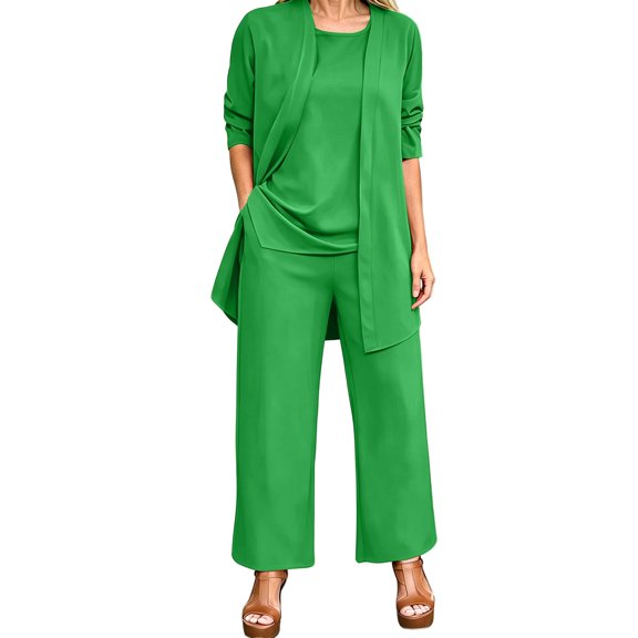 OOOUM Women 3 Piece Outfit Open Front 3/4 Sleeve Cardigan Sleeveless Tank Top Elastic Waist Wide Leg Pants Casual Lounge Suit Set GN2 L