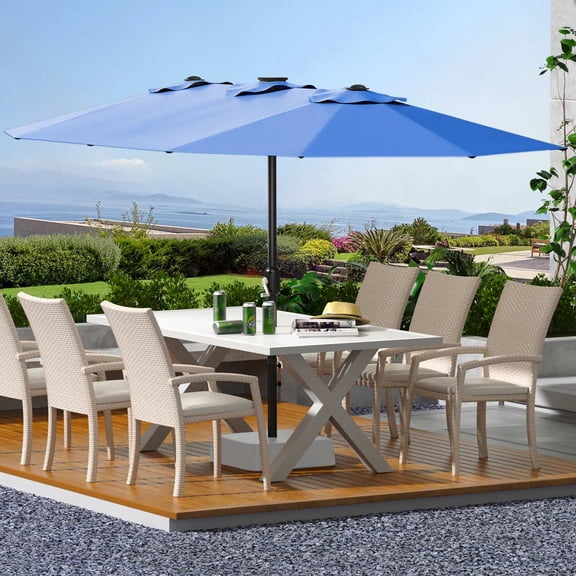 EastVita 13 FT Double Sided Rectangle Patio Market Umbrella Heavy Duty Waterproof and Windproof Umbrella for Poolside Lawn and Backyard Blue