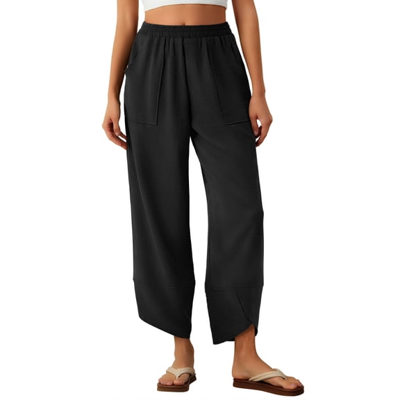 Anygrew Womens Baggy Wide Leg Pants Elastic Waisted Casual Palazzo Harem Pants Summer Beach Trousers with Pockets S-XXL