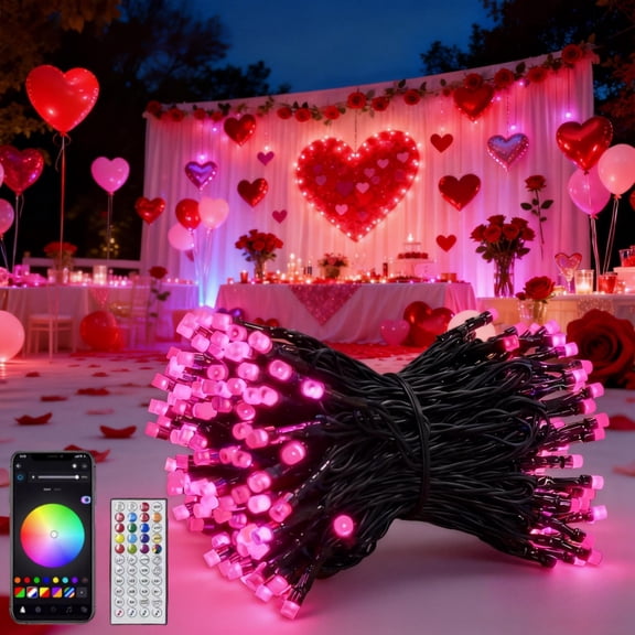 Beatineon 65.6ft RGB Valentine's Day Smart String Lights, 200 LEDs APP & Remote Control with Music Sync, IP44 Waterproof Dark Green Wire for Indoor Outdoor Party Decor