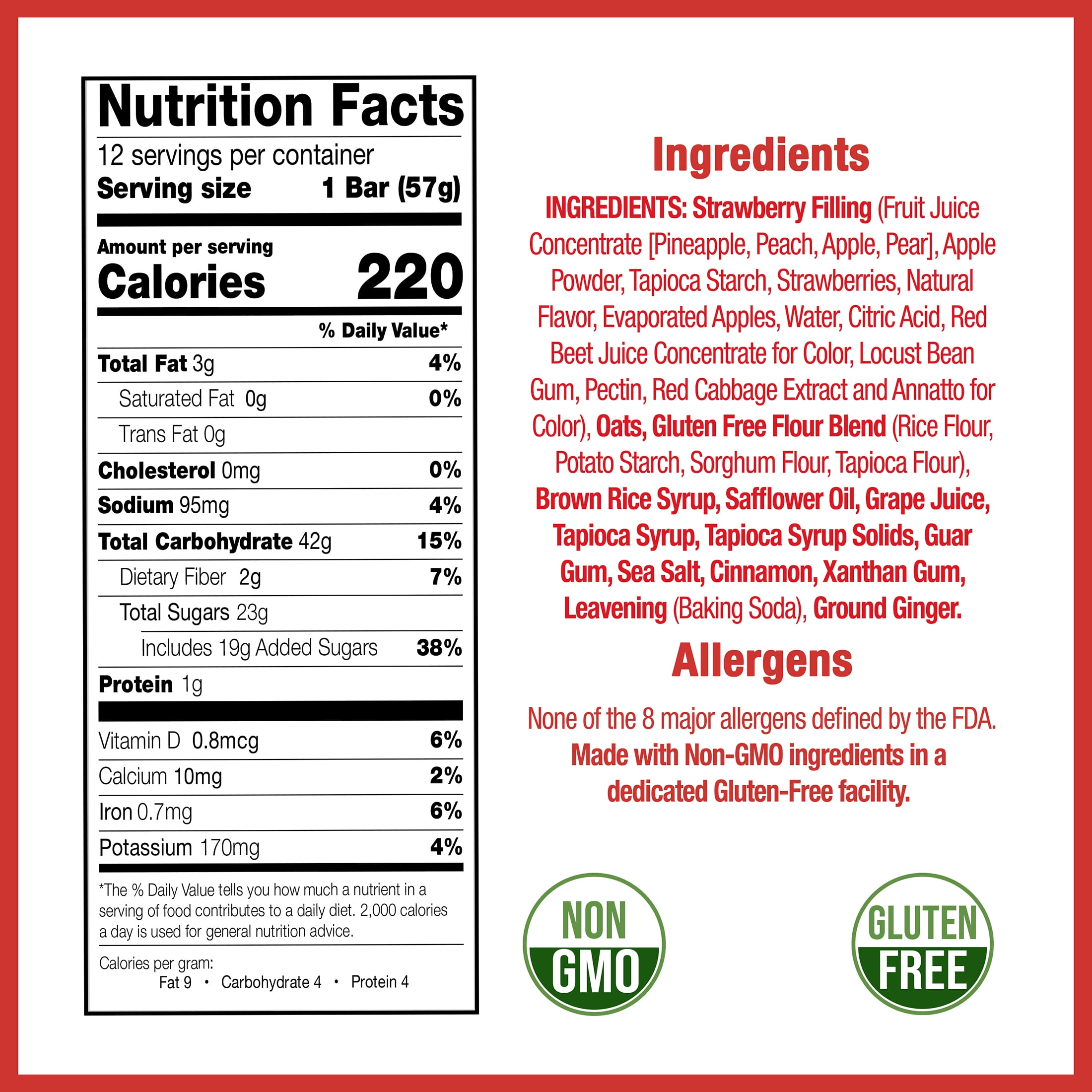 Betty Lou's Strawberry Fruit Bars, Vegan, Gluten Free Snacks 12 Count