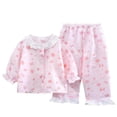 thumbnail image 2 of Conjunto de ropa de casa para niños con cuello vuelto y manga larga, pijama pequeño y fresco con solapa y ribete de encaje para niñas, conjunto de dos piezas, ropa transpirable para bebé con aire acon, 2 of 5