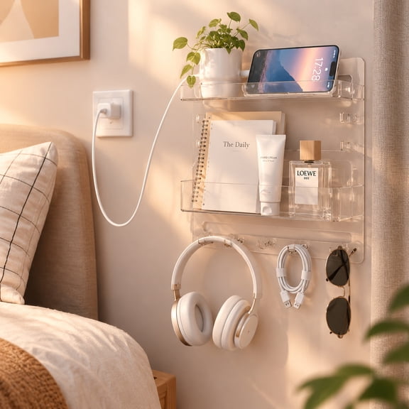 Clear Acrylic Floating Nightstand, Bedside Caddy for Dorm Bed, Wall Mount Bedside Shelf Organizer for RV Small Room