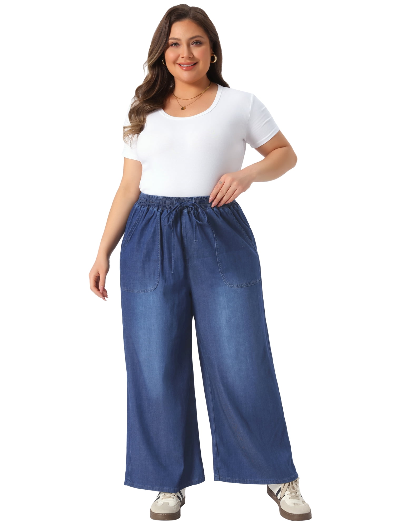 DARING DIVA Women's Plus Chambray Baggy Fit Jeans Denim Pants with Pockets 2X Dark Blue