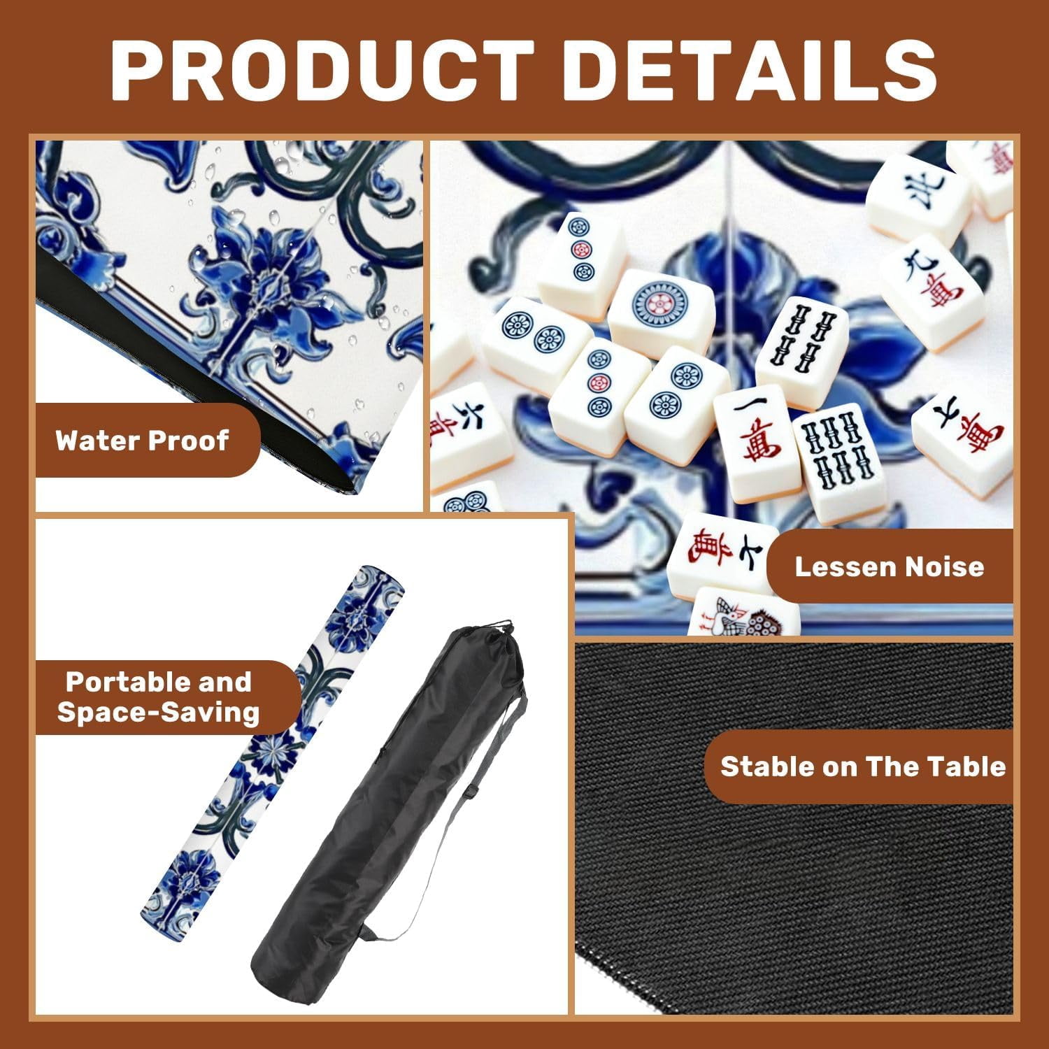Mahjong Mat 31.5" x 31.5" Blue Floral Tile Decorative Swirls Intricate Detailing Non-Slip Noise Reduction Mahjong Tiles Table Cover for Dominoes Poker Card Board and Tile Games Gift