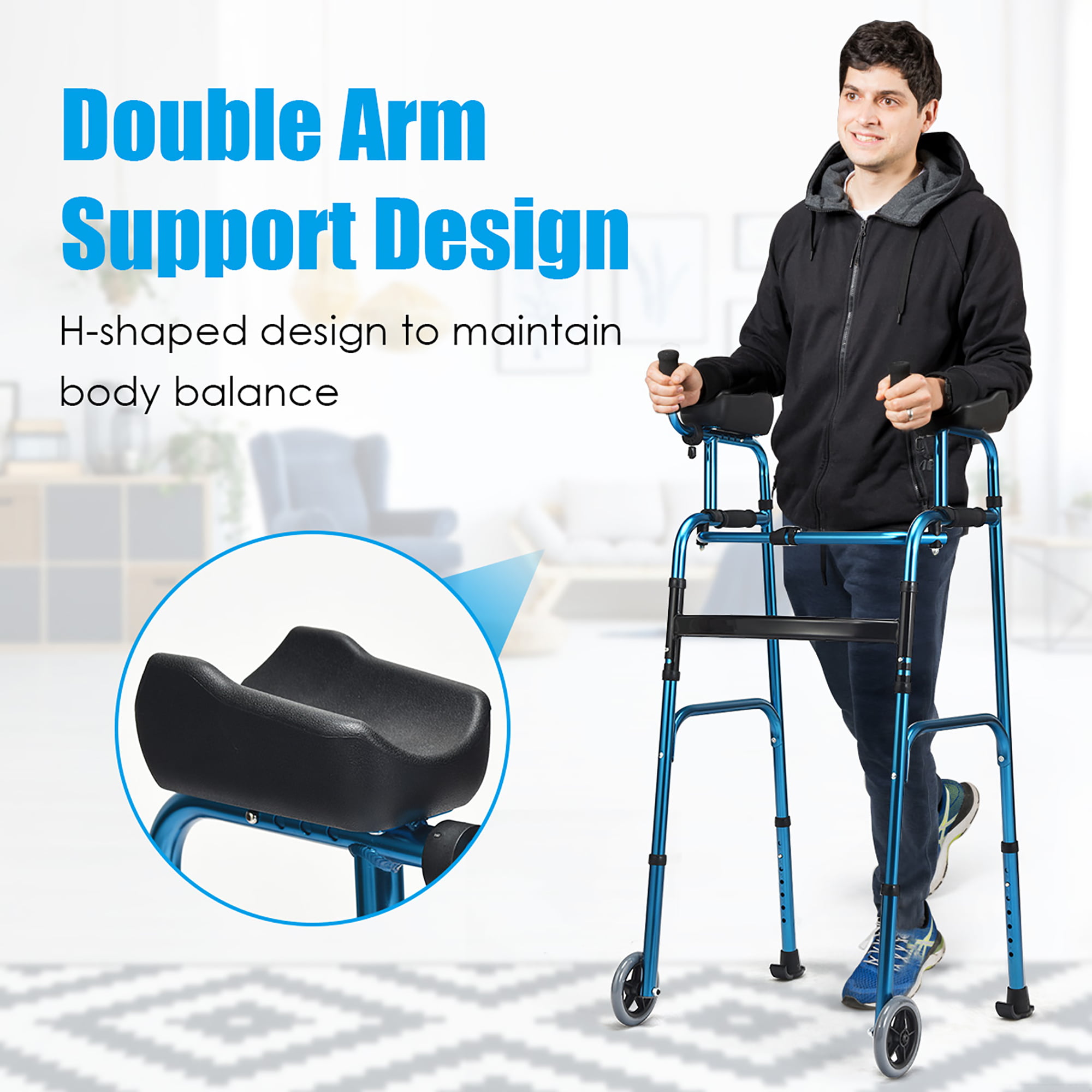 Folding Height Adjustable Walking Frame with Armrest Support 