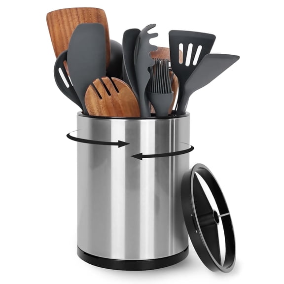 Godance Extra Large Kitchen Utensil Holder, 360° Rotating Stainless Steel Cooking Utensil Holder for Countertop, 3 Compartment Flatware Organizer & Cooking Caddy with Removable Base(Silvery)