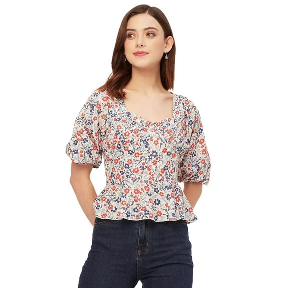 Moomaya Short Sleeves Sweetheart Neck Cotton Top - Women's Elegant Peplum Top