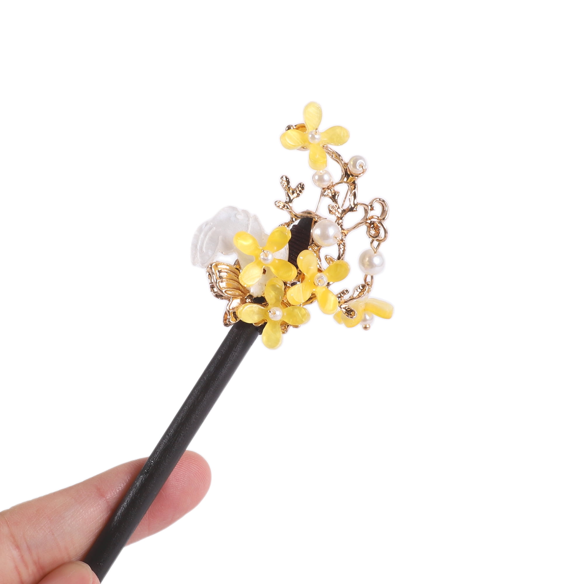 Unique Bargains Hair Chopstick for Women Black Yellow 1 Pc [Flower Pearl]