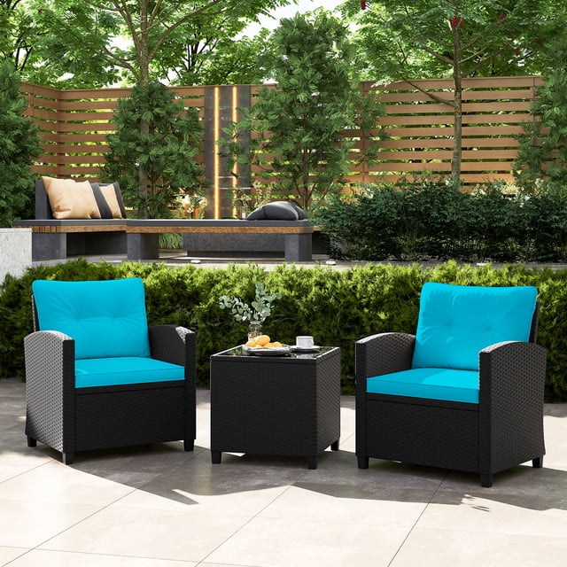 Costway Ensemble de Mobilier de Patio 3 Pcs avec Table Basse en Verre Trempé Coussins Lavables Turquoise