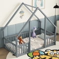 thumbnail image 3 of Twin Size Floor Bed, Wooden House-Shaped Bed Frame with Guardrails, Roof, Multifunctional House Bed Frame for Toddlers, Kids, Girls, Boys, Teens, Adults, Grey, 3 of 9