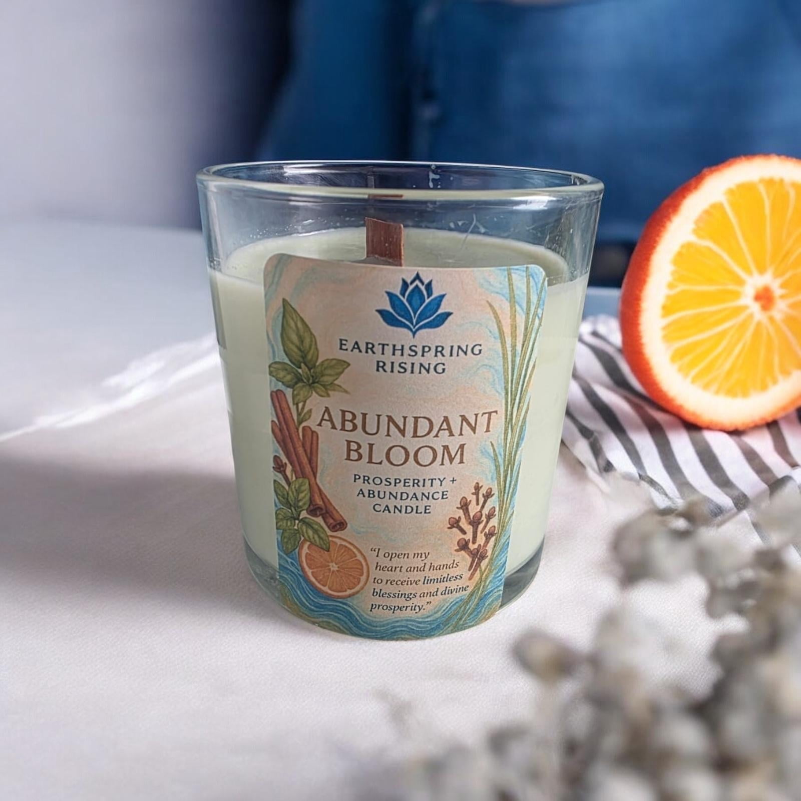 Abundance Bloom Candle – Orange, Vetiver, Basil, Clove & Money Oil | 10oz Soy Wax Wood Wick Candle with Wood Lid | 50-Hour Burn | Manifestation & Prosperity Ritual