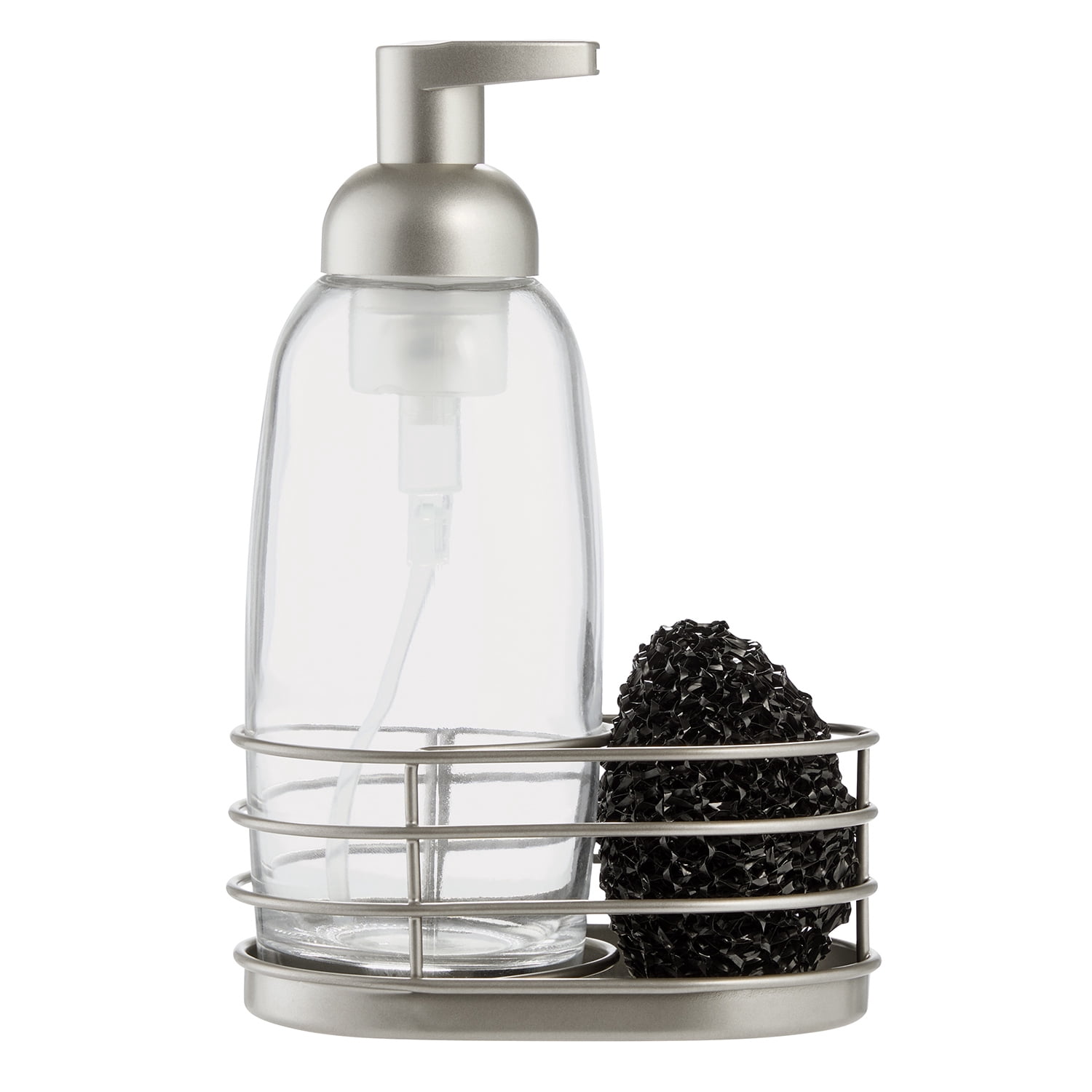 Mainstays Metro Glass Foaming Soap Pump and Metal Sponge Caddy, Clear, 5.12 in x 3.32 in x 7.94 in