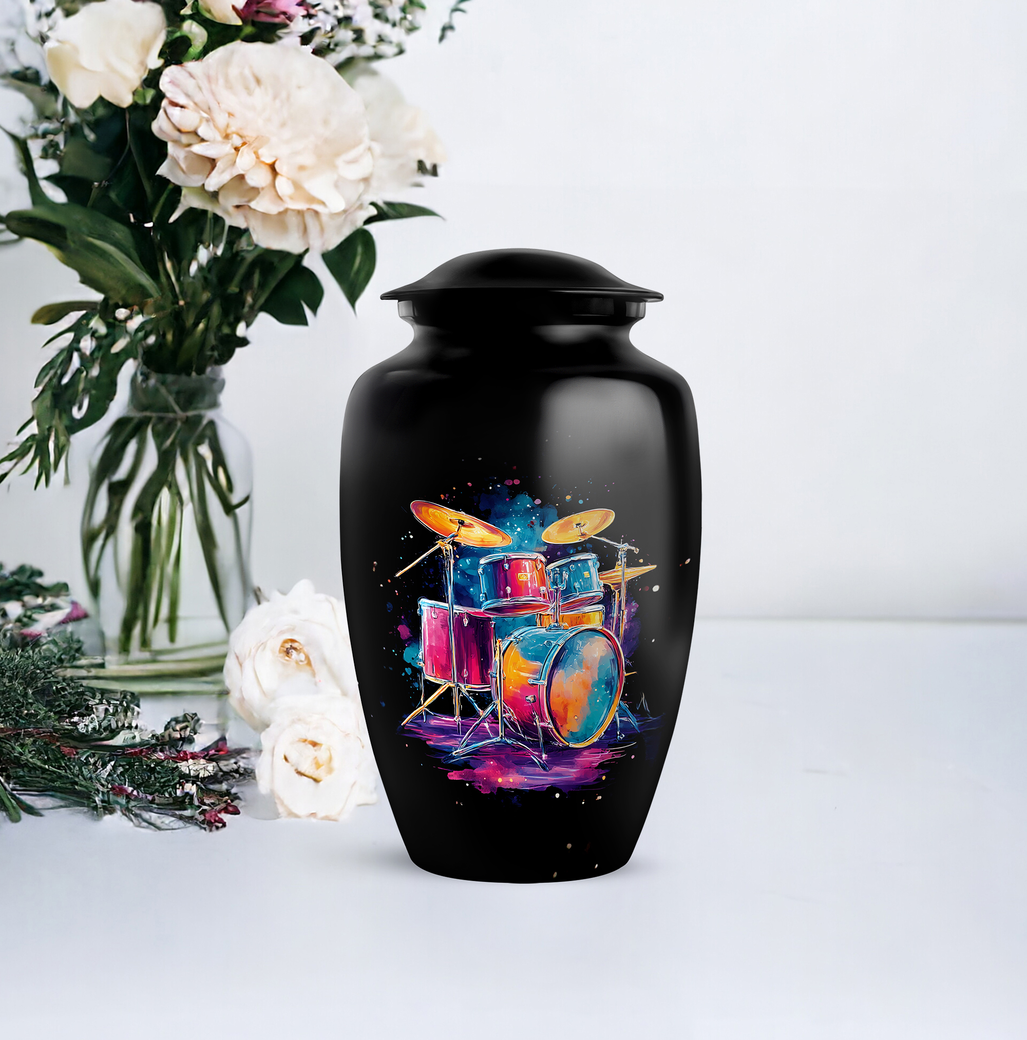 Neon Drummer Memorial Urns Set, Funeral Urn For Human Ashes Adult Female, Small Urn For Human Ash Keepsake, Musical Cremation Urns For Ashes Adult Male, (Size 10 Inch 1 Pcs & Size 3 Inch, 2 Pcs)