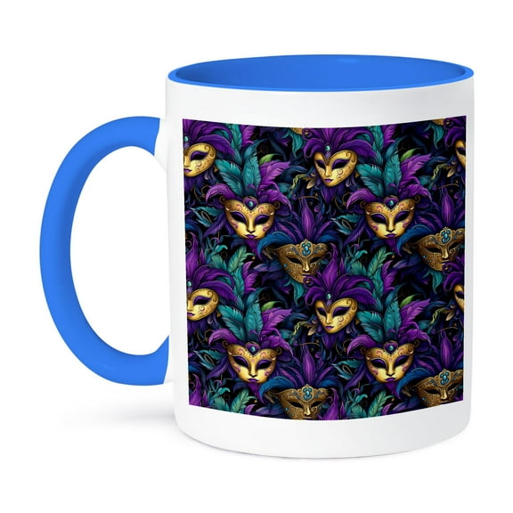 3drose, Artsy Traditional Mardi Gras Masks and Feathers, Great Gift for All, 11oz Two-tone Blue Mug