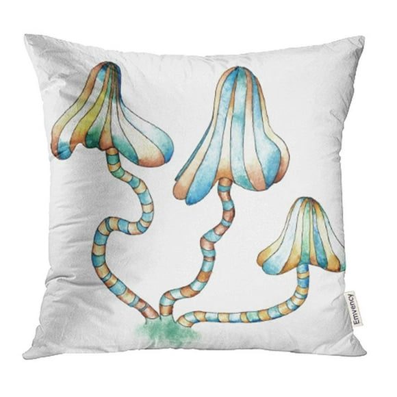 BSDHOME Blue Agaric Watercolor Whimsy Mushrooms Green Amanita Azure Bandy Blewits Boletus Pillowcase Cushion Cases 16x16 inch