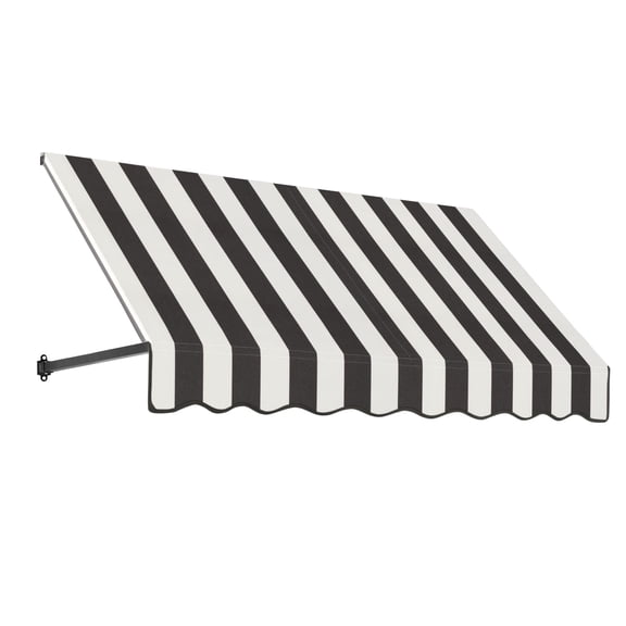 Awntech 6.38 Ft Dallas Retro Straight Slope Fixed Awning with Anodized Arms (76.5in x 18in x 24in), Black/White Stripe