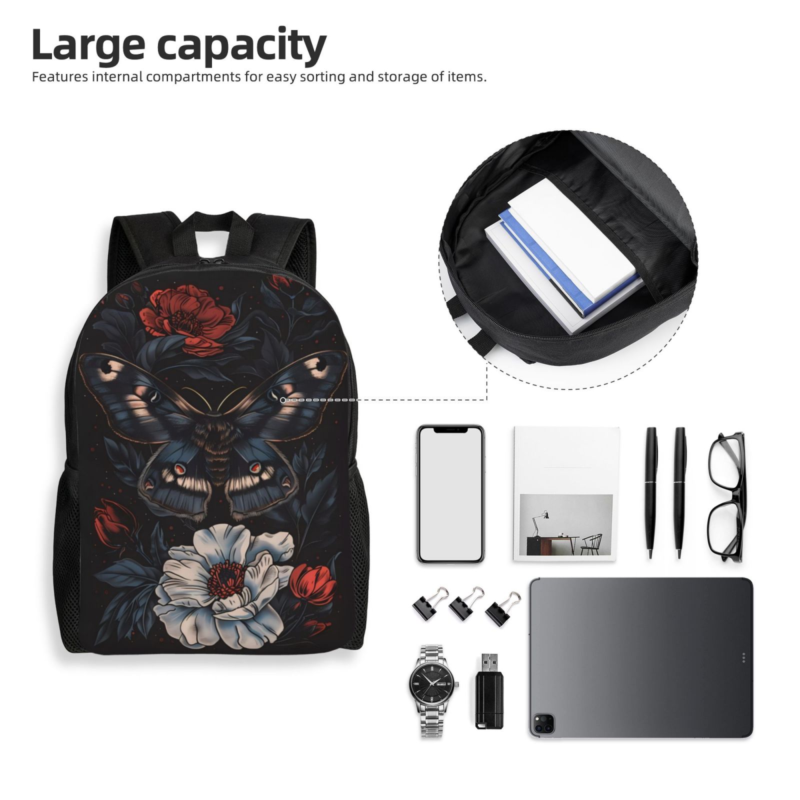 Xecao Midnight Butterfly Floral Dream Print School Backpack with Laptop Compartment Small Travel Laptop Backpack for Women Men Waterproof College Backpack Simple School Bag