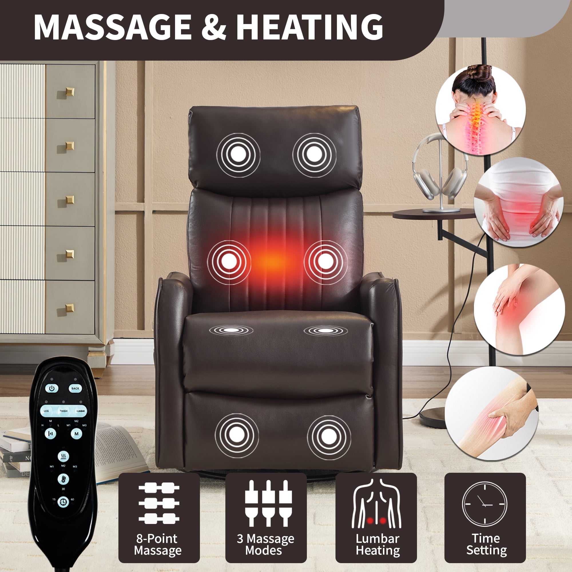 Leumius Manual Swivel Rocker Recliner Chair for Adults,Overstuffed Reclining Glider Chair with Vibration Massage & Heat,Upholstered Recliners with Side Pockets for Living Room,Dark Brown PU