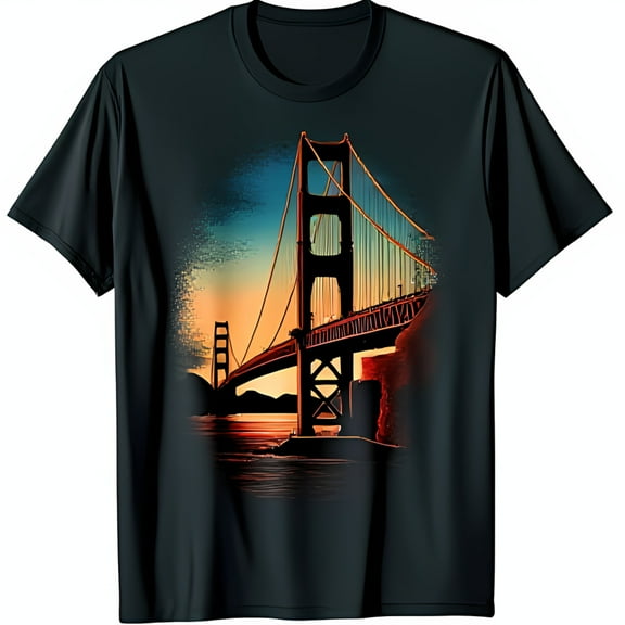Vibrant Golden Gate Bridge Graphic on Black T-Shirt for San Lovers