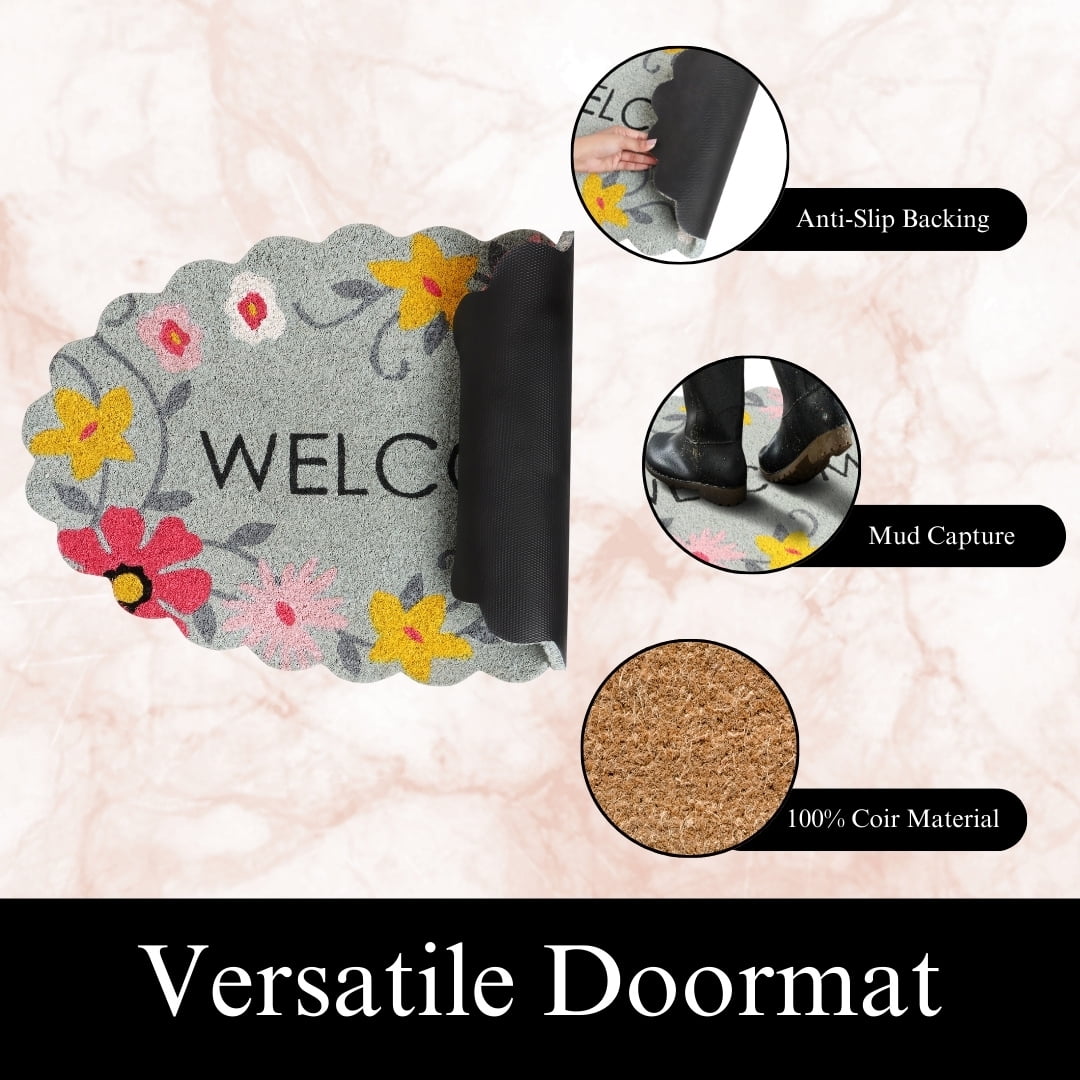 A1HC Natural Coco Coir Doormat, Spring Floral Scalloped, 18"x30", Durable Outdoor Welcome Mat, Non-Slip, Easy to Clean, Pet Friendly