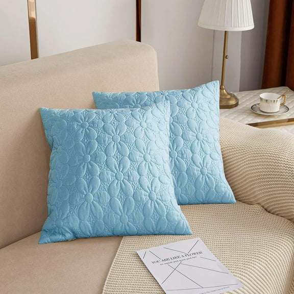 Quilted Floral Throw Pillow Covers Set of 2, 18 x 18 Inch (Blue)
