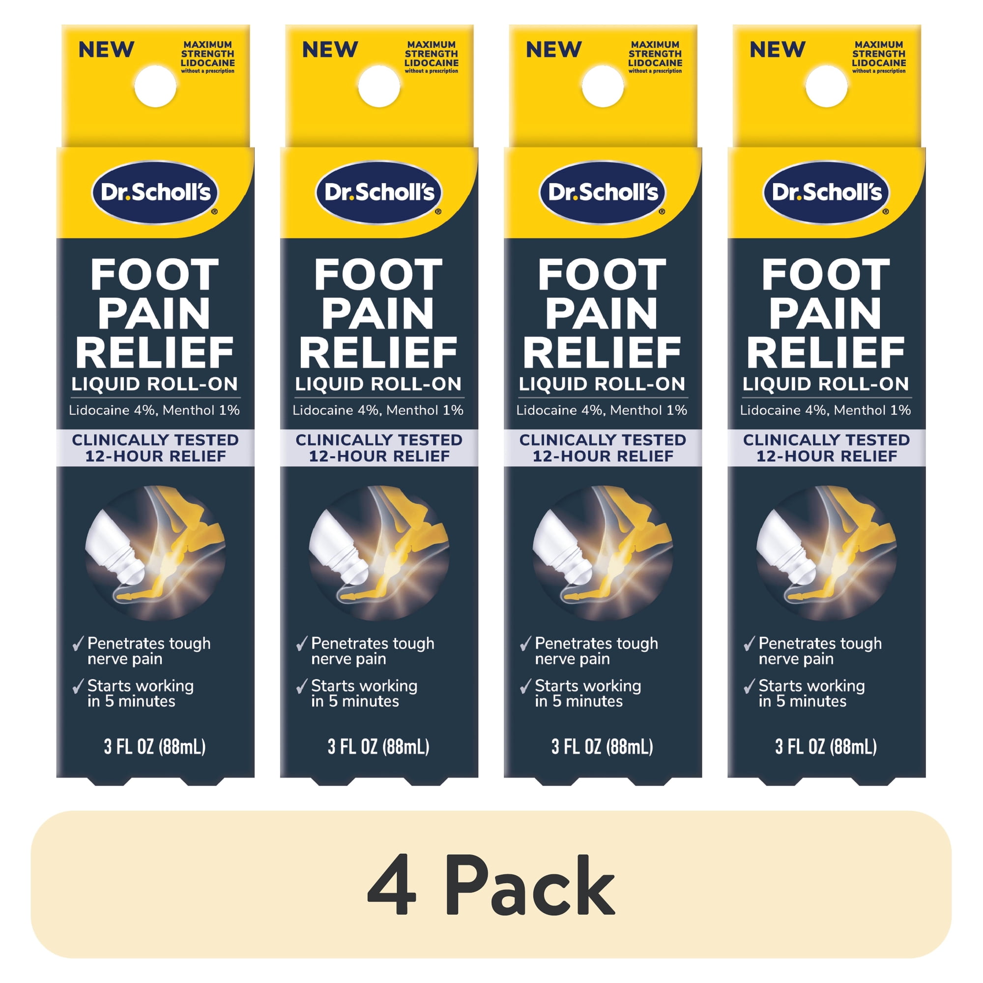 (4 pack) Dr. Scholl's Liquid Roll-On for Foot Pain Relief with Lidocaine and Menthol, 3 oz