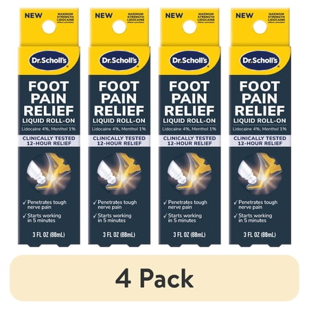 (4 pack) Dr. Scholl's Liquid Roll-On for Foot Pain Relief with Lidocaine and Menthol, 3 oz