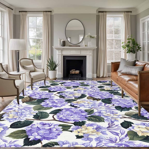 Area Rug for Living Room, Purple Spring Floral Non-Slip Indoor Large Carpet for Bedroom/Dining Room, Watercolor Flowers Pastoral Washable Low-Profile Rectangle Floor Runner Rugs - 5 x 7 Ft