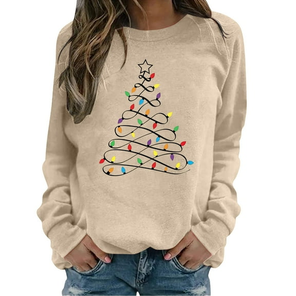 NMMUED Christmas Sweatshirt Cute Fall Tops Christmas Shirts for Women Womens Graphic Sweatshirts Vintage Christmas Sweatshirt Cute Sweatshirts Christmas Apparel for Women Beige L