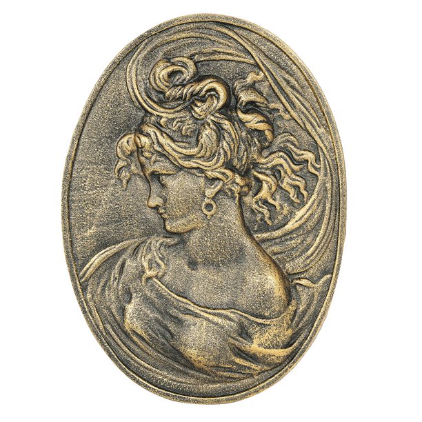 Sungmor Decoración Arte Pared Vintage de Hierro Fundido, Placa en Relieve de Mujer Clásica Ornamentada en Óvalo, Adorno Decorativo Pared Escultura Antigua para Hogar/Jardín, Acabado Dorado Rústico