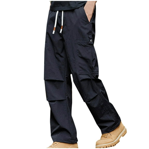LNWUY (M-5XL) Men Big and Tall Cargo Pants Elastic Waist Outdoor Solid Sports Pants Loose Work Pants Relaxed Fit Hiking Trousers Black XXL