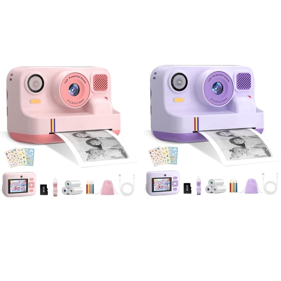Instant Print Camera for Kids 2 Pack, 1080P Digital Video Camera with 32GB SD Card, 3 Rolls of Paper, 4 Games, and Bluetooth App Printing, Gift Toy for Girls and Boys Ages 3-12, Pink&Purple