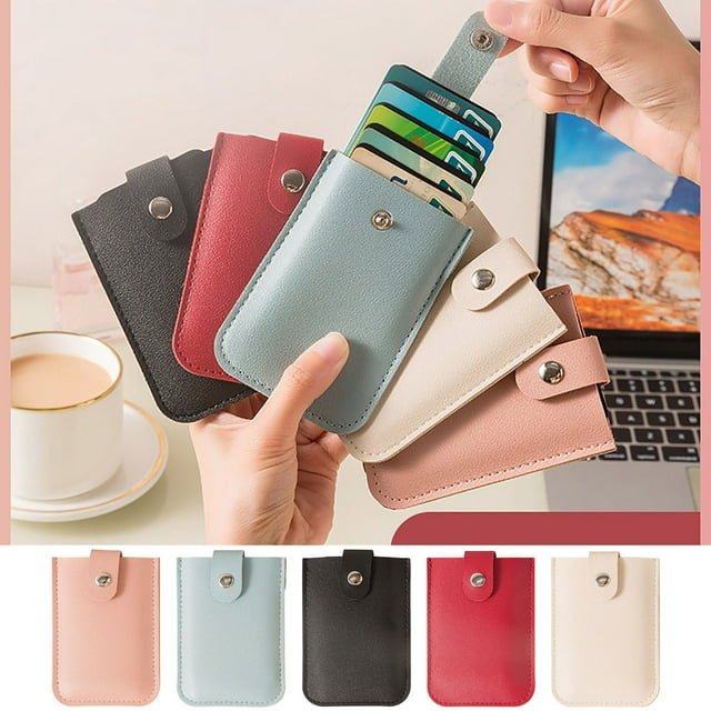 pstuiky Concealed Pull Card Wallet Leather Multi-Slot Card Organizer with Snap Button 5-Card Capacity Pull-Out Business Card Storage
