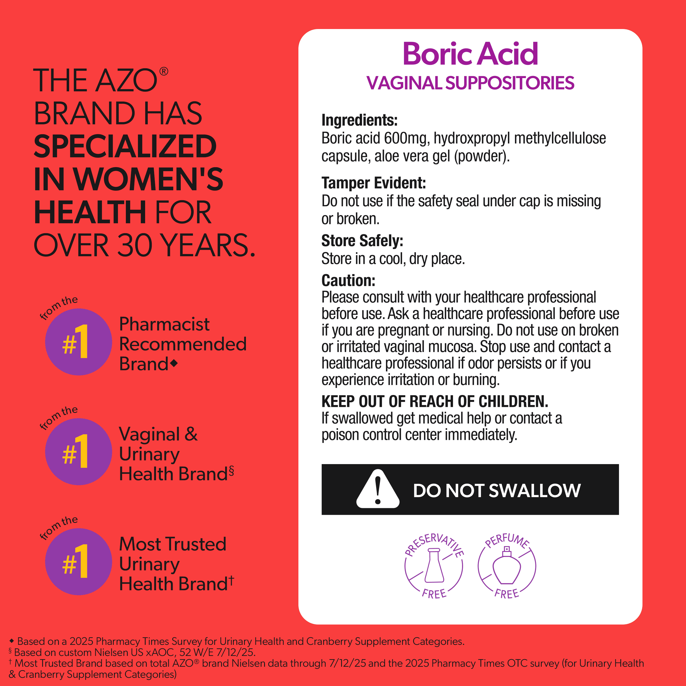AZO Boric Acid Vaginal Suppositories with Aloe Vera, Supports Odor Control & Freshness Naturally, 30 Count