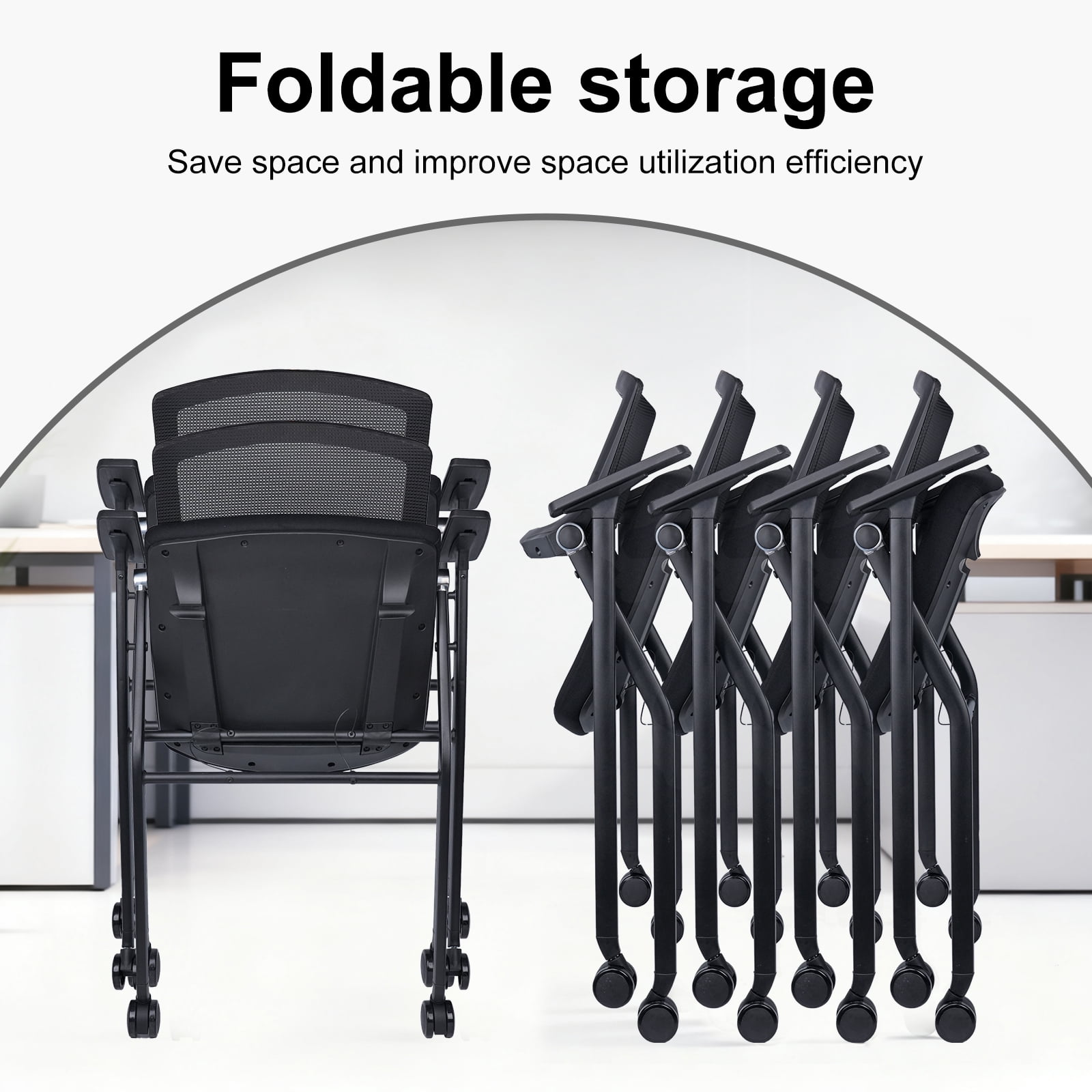 Upgraded Folding Office Chair Stackable Conference Room Chairs with Wheels and Padded Mesh Back Ergonomic for Reception Meeting, 2 Pack Black