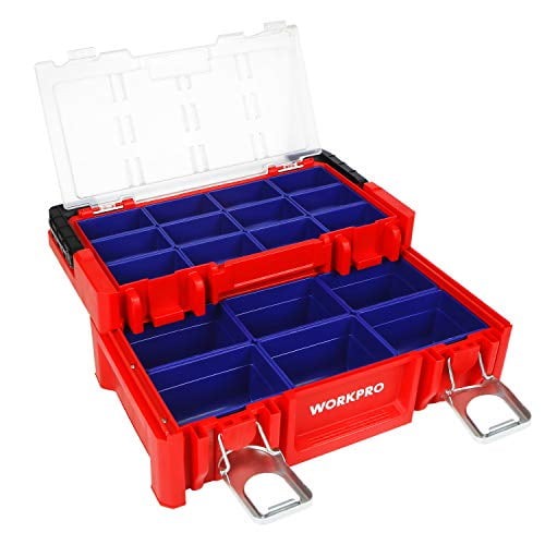 WORKPRO 17inch Plastic Tool Box, Red Storage Box with Locking Lid and