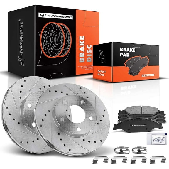 A-Premium 10.87 in (276 mm) Front Drilled and Slotted Disc Brake Rotors   Ceramic Pads Kit Compatible with Select Ford Models - For Mustang, 1999-2004, 6-PC Set