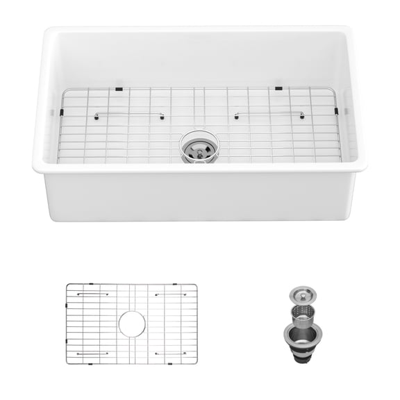 32"x19"x10" Undermount Single Bowl Porcelain Fireclay Kitchen Sink - Dual Mount White Fireclay Rectangular Deep Single Bowl Sink Basin