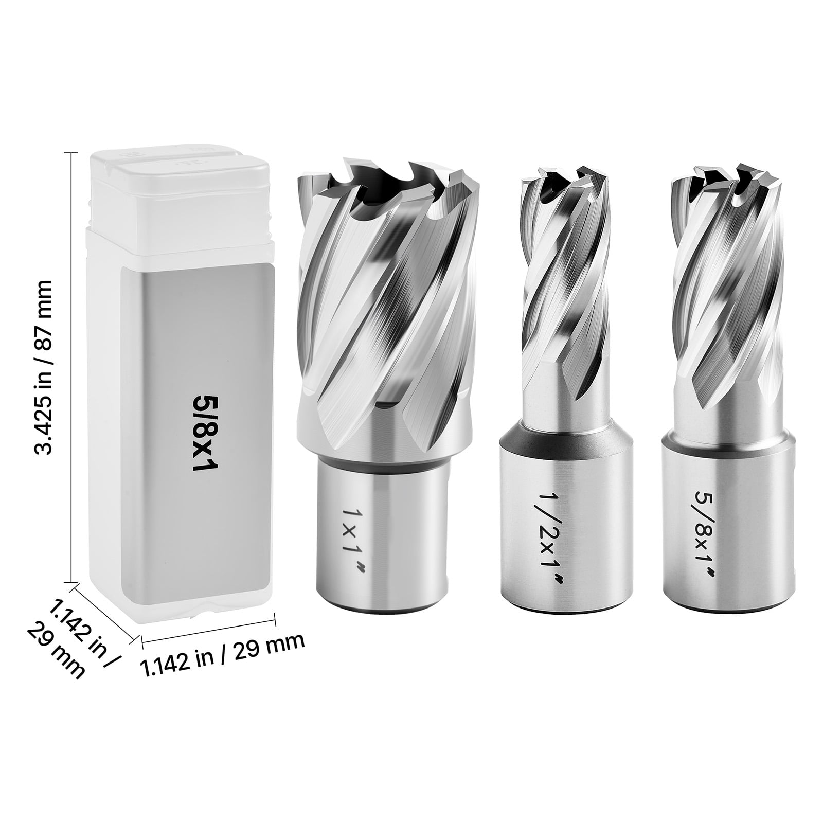 KFFKFF Annular Cutter Set, 5-Piece Weldon Shank Drill Bit Kit, 1" Depth, 1/2", 5/8", 1" Diameters, HSS Material, Includes 3 Drill Bits, 2 Pilot Pins, and 3 Plastic Cases