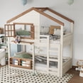 thumbnail image 2 of URTR Twin Over Twin House Bunk Bed with Window, Bookshelf and Roof, Wooden Twin Size Floor Bunk Bedframe with High-Quality Guardrail and Ladder, Playhouse Bed for Bedroom, Beige, 2 of 9