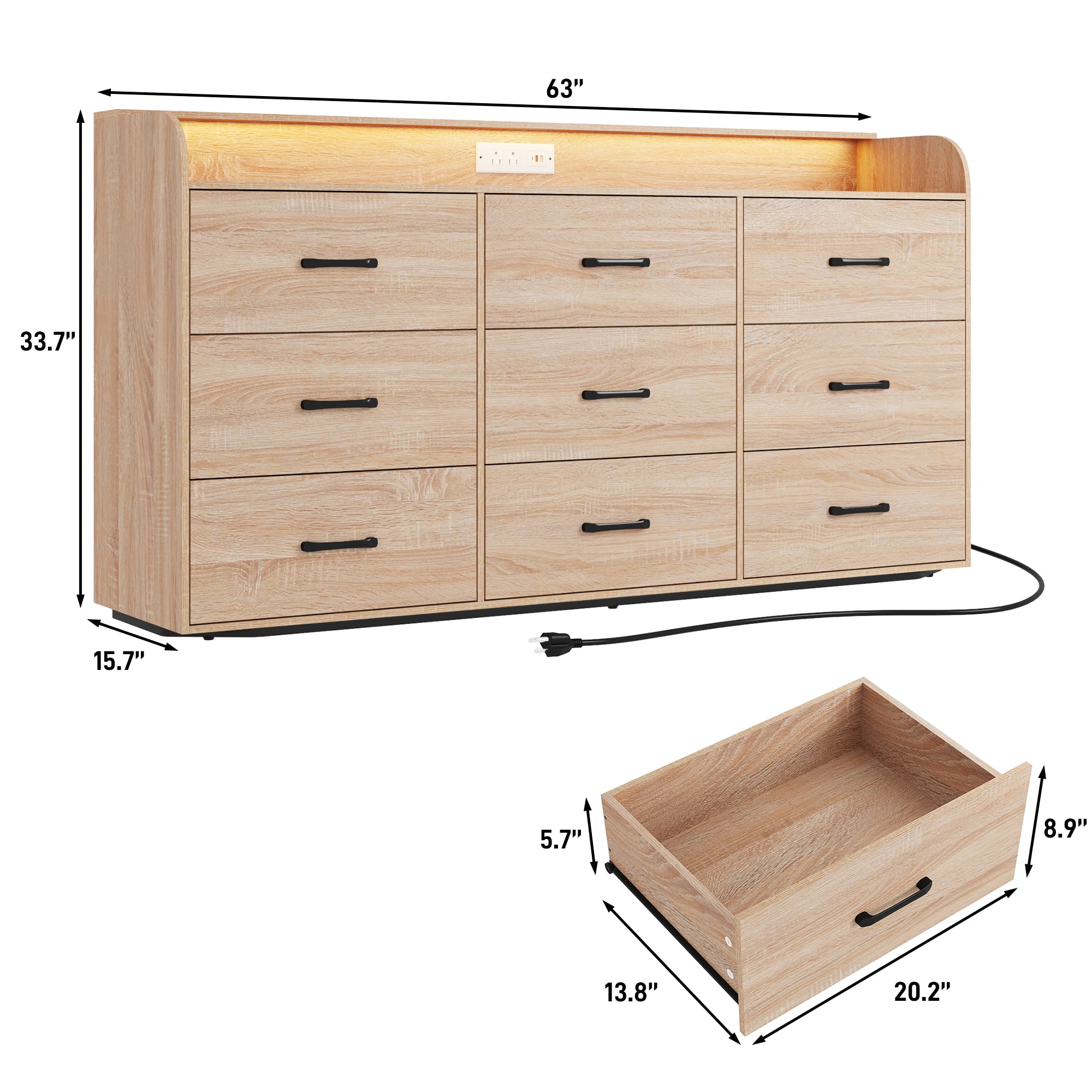 9 Drawer Dresser for Bedroom, 63" Large Long Wood dresser with Power Outlet, LED Light and Deep Big Drawers, Modern Minimalist Oak Dresser Wide Chest of Drawers for Bedroom, Living Room