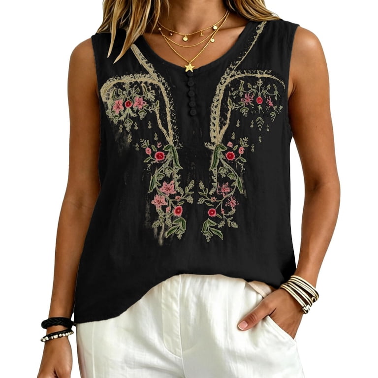 Pumxq Women's Floral Embroidered Tank Top Cotton Linen Blend