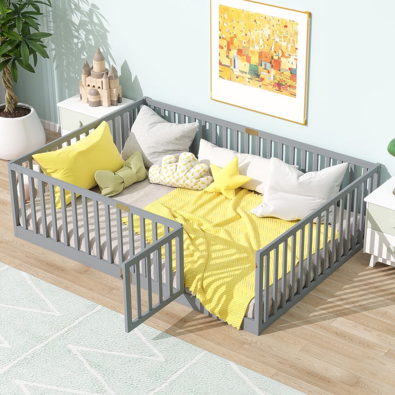 Mirightone Full Size Floor Bed, Wood Montessori Floor Beds with High Fence Railings, Door & Slats Support, Full Playhouse Bed Frame, No Box Spring Needed, Grey