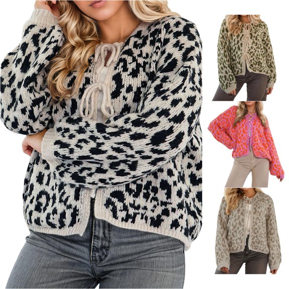 Trendfront Womens Leopard Print Hooded Cardigan Long Sleeve Tie Front Cropped Knit Loose Fit Casual Fall Winter Sweater Top