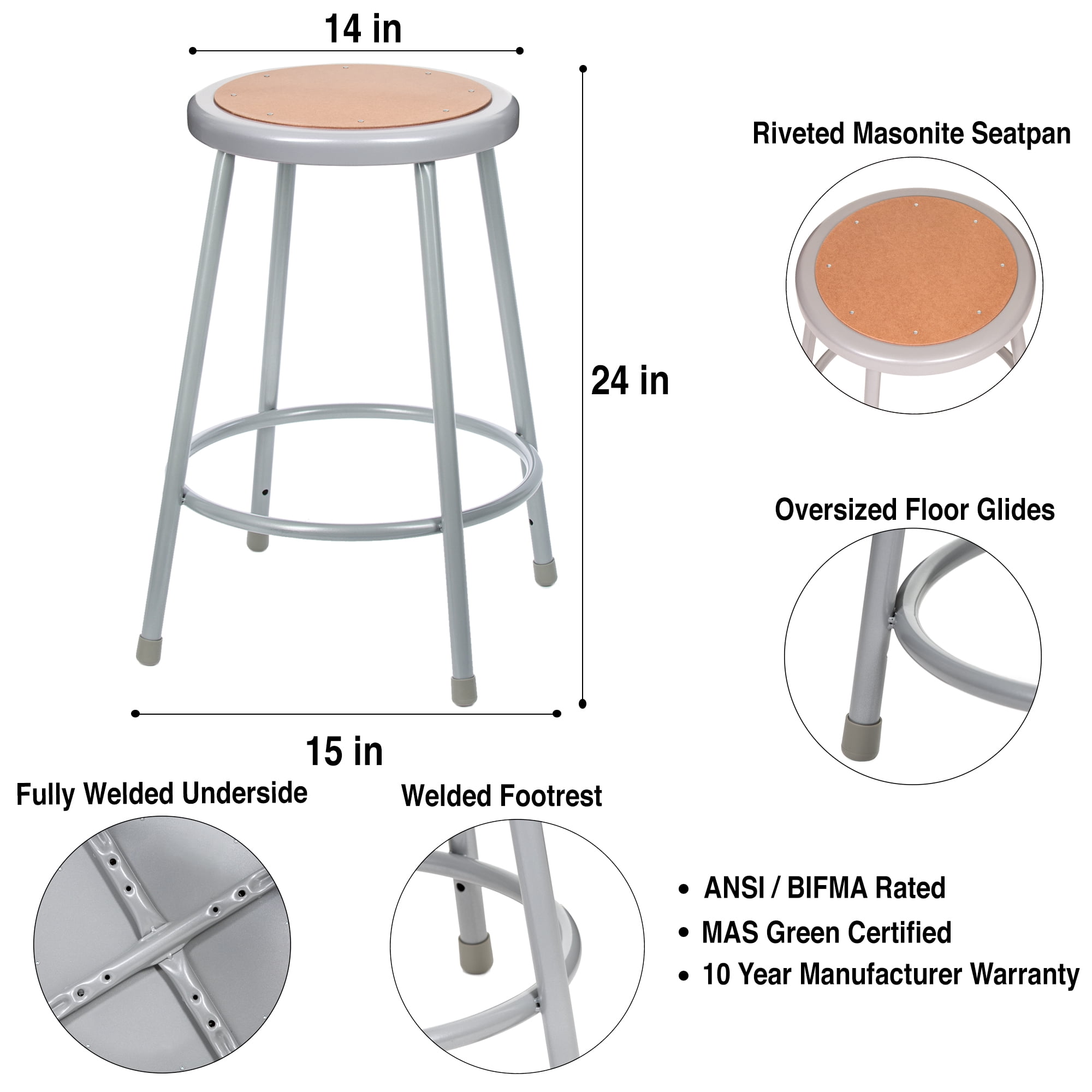 Hampden Furnishings Flynn Collection 24" Masonite/Steel Stool, Grey, Pack of 2