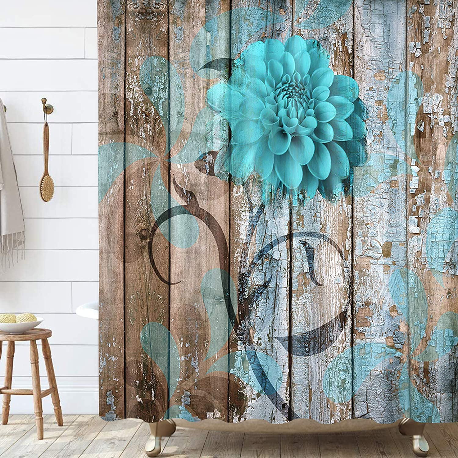 Flower Rustic Wooden Board Wall Bathroom Fabric Shower Curtain & 12 Hooks 71*71" 
