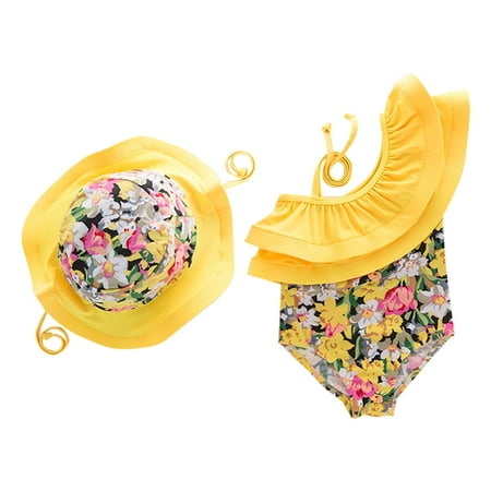 

B91xZ Swimsuit Girls Toddler Summer Floral Leaf Collar Holiday Female Swimsuit Yellow Floral Beach Casual Seaside Swimsuit Yellow Sizes 3-4 Years