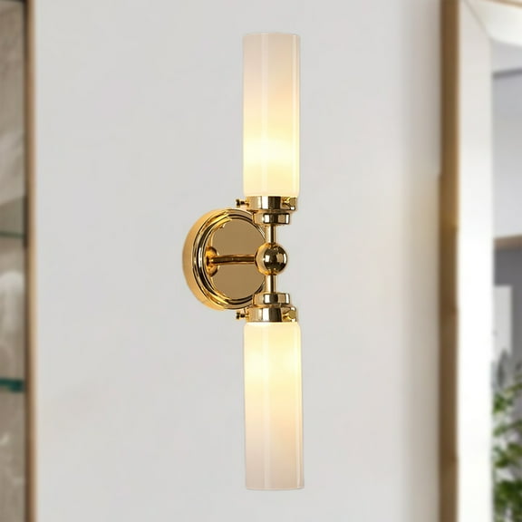 Minimalistt Double Tube Antique Brass Metal with Milk Glass Shade Vanity Light, Contemporary Wall-Mounted Sconce, Hand-polished Wall Light, Indoor Sconce beside Mirror, for Bathroom, Living Room